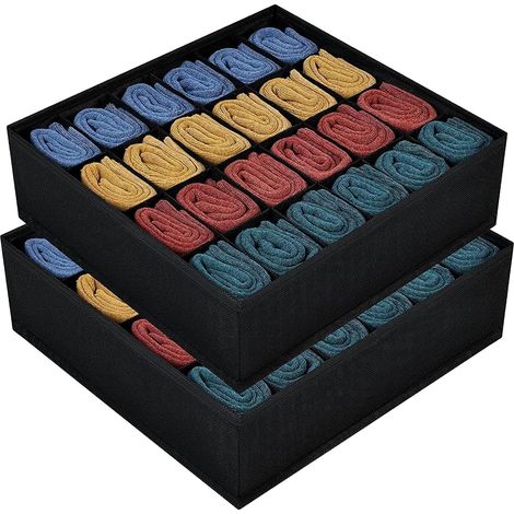 Rangement Tiroir Organisateur de Tiroir – 48 compartiments (2 x 24), Lot de 2 Pliables Organiseurs de Sous-Vêtements, Boîtes de Rangement, pour Chaussettes, Culottes, Cravates, Noir (1/5)