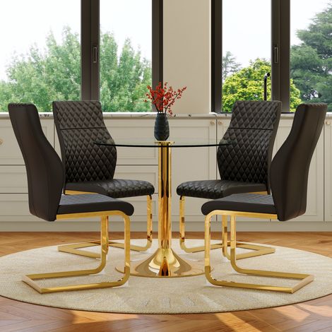 Juego de mesa redonda y 4 sillas de comedor de cristal templado 85 cm negro y dorado (1/5)