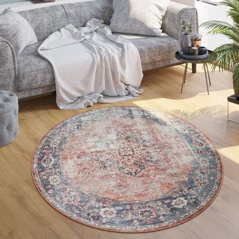 Paco Home Teppich Wohnzimmer Flachgewebe Orient Marokkanisch Ornamente Vintage Waschbar 120 cm Rund, Bunt 3