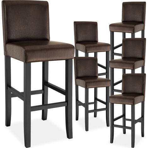 Lot de 6 tabourets bar bois simili cuir avec dossier marron