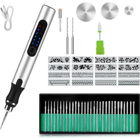 Lápiz de grabado eléctrico, 3 velocidades ajustables, herramienta de grabado inalámbrica recargable, juego de 54 piezas (plateado)