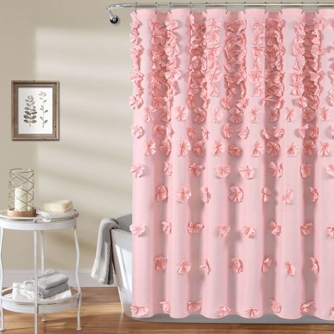 Rideau de Douche 182,9 cm de Large x 182,9 cm de Long, Rose – Rideau de Douche avec nœuds – Texture Charmante – Accessoire de Salle de Bain et élégant – Décoration (1/5)