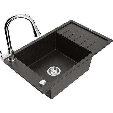 Mexen Elias évier en granite 1 chambre avec égouttoir et robinet de cuisine Elia, noir/or métallisé - 6511-75-670101-00 (1/5)