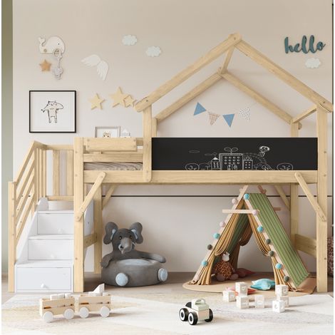 Letto rialzato bambini 90x200 cm con sponda di sicurezza, forma a casa, lavagna, scala portaoggetti, senza materasso, bianco e naturale (1/5)