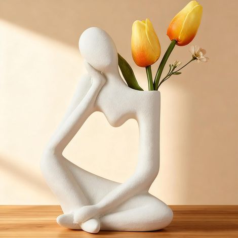 Vase penseur blanc moderne pour pampa, design livre/visage, sculpture déco salon ou cadeau (1/5)