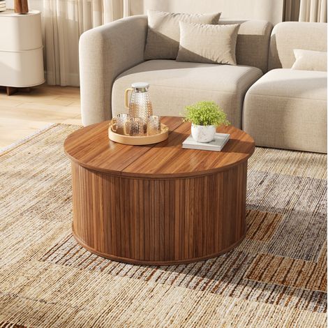 MODFU – Table basse ronde 88x88 cm MDF noyer – Rangement et plateau réglable – Charge 75 kg – Noyer (1/5)