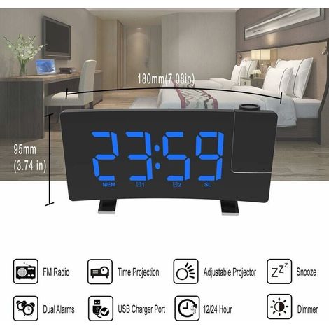 Radio Réveil à Projection, Réveil Projection Plafond 180°, Horloge Numérique FM USB avec Double Alarmes, Snooze, Minut de Mise en Veille, 12/24h, Grand écran LED avec Gradat (Bleu) (1/5)