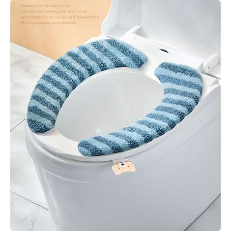 Abattant WC épais, housse de siège de toilette chauffante, réutilisable et douce, lavable en peluche, facile à installer, confortable (bleu) (1/5)