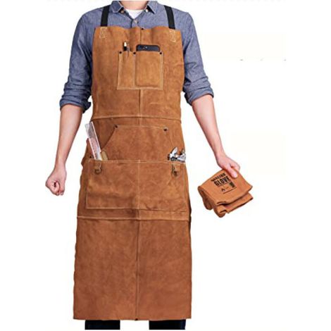 Tablier de Soudeur avec 6 Poches, Tablier de Travail en Cuir Anti Chaleur Ignifuge, Tablier de Menuisier pour Homme Réglable de M à XXXL, Parfait pour Forgeron, Mecanicien, Atelier (1/4)