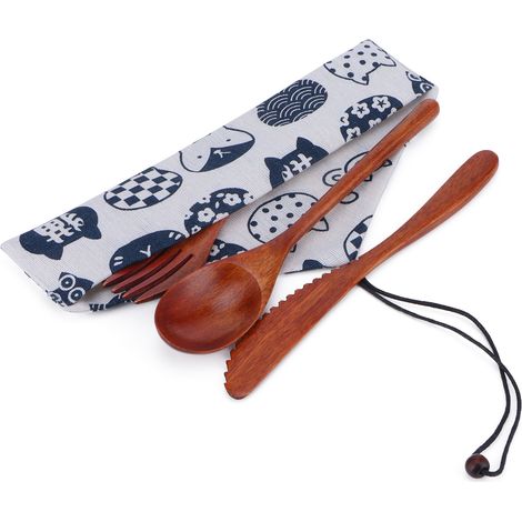 Ensemble de couverts en bois avec sac - Cuillère, fourchette et couteau portables (1/5)