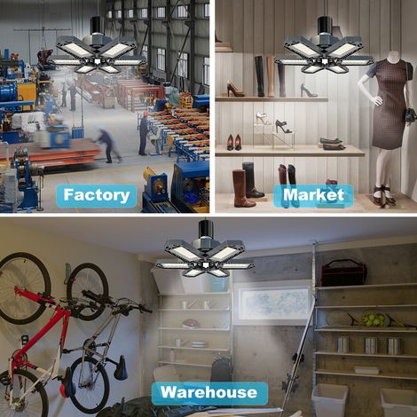 Plafonniers LED pour garage - Mini plafonniers avec 6 panneaux réglables et ventilateur déformable, 100-265 V, 1500 lm, 6500 K, culot E27/E26, pour grenier et sous-sol (1/4)