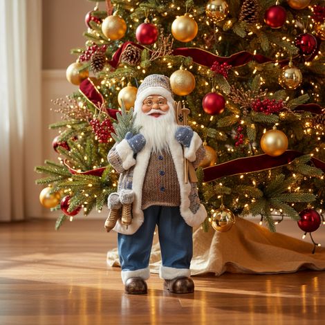Pupazzetto Babbo Natale con abito blu e marrone, decorazione natalizia da h 60 cm (1/4)
