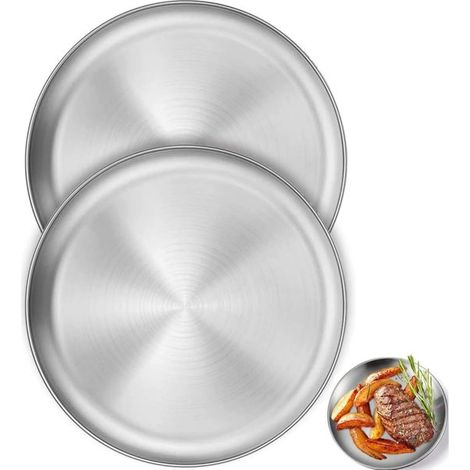 Vajilla redonda de acero inoxidable, 2 platos para acampar, platos de acero inoxidable, diámetro 20 cm, para acampar, picnic, comedor, fiesta (1/5)