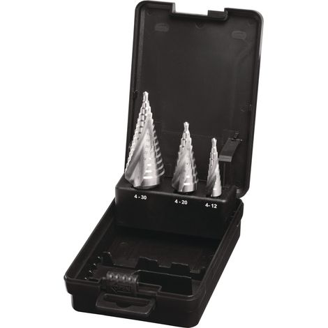 Jeu de forets étagés D.4-12/4-20/4-30mm HSS rainure spirale 3pcs.En valise plastique TECWERK (1/3)