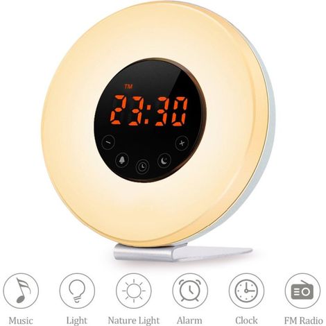 Lámpara de escritorio LED con reloj despertador de amanecer/atardecer e iluminación ambiental multicolor.