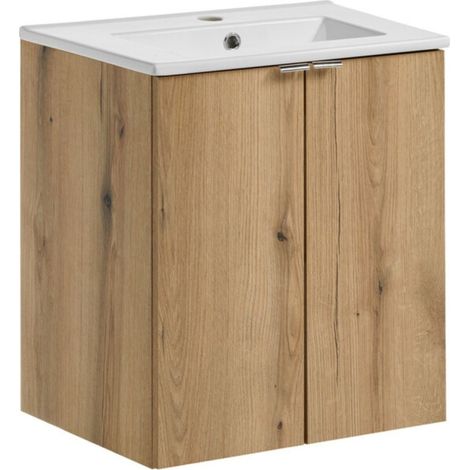 Set da bagno sospeso VANO in rovere e bianco 50cm: mobili sotto lavabo con armadietti + lavabo incassato