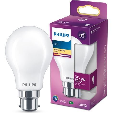 Philips LED Lampadina LED Classic, Equialente a 60W, Attacco B22, Luce Bianca Calda, Non dimmerabile, Frosted, 1 pack (1/5)
