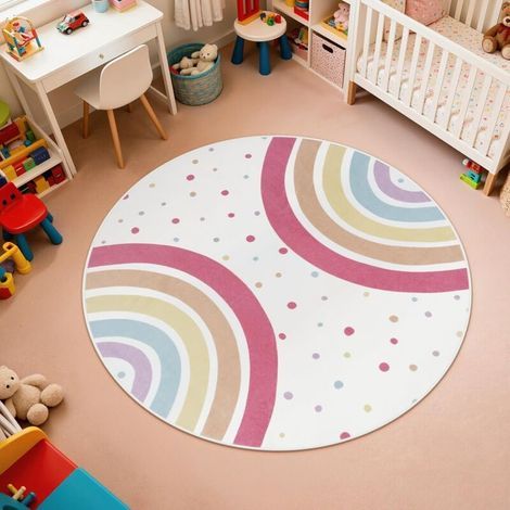 Tapis rond arc-en-ciel, idéal pour les chambres, tapis lavable pour enfants, tapis de princesse coloré. (1/5)