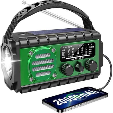 (Vert)Radio Dynamo Portable de Survie 20000mAh Radio AM/FM, Power Bank, SOS, Lampe Poche, Panneau Solaire, Recharge Manivelle/USB, Éclairage LED Longue Durée (1/5)