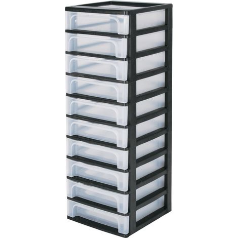Tour de Rangement Plastique, 10 Petits Tiroirs, Noir, Ouverture Facile, Format A4, A5 (1/5)