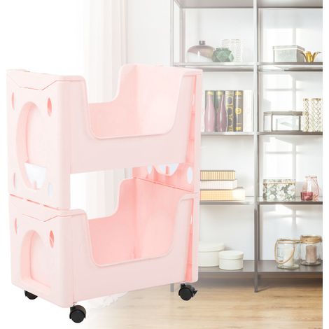Tragbares, freistehendes Aufbewahrungsregal mit großem Fassungsvermögen und Rollen, Kinderbücherregal, Bilderbuchregal, 2-stöckiges, freistehendes rosa Aufbewahrungsmöbel. (1/5)