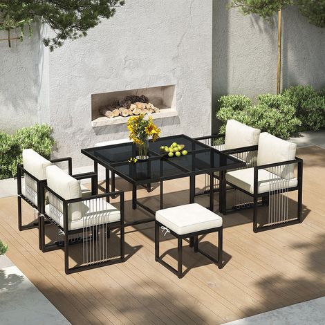 Ensemble de 7 tables et chaises d'extérieur pour 6 personnes avec verre trempé- Noir+Blanc (1/5)