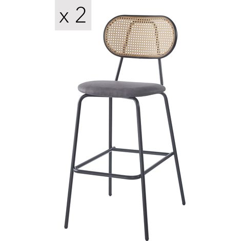Nordlys – Lot de 2 tabourets de bar métal cannage industriel – Hauteur d'assise 75 cm – Pieds en métal époxy noir – Confort assise mousse ultra-dense