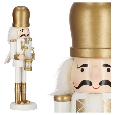 Non sono sicuro di cosa significhi "Dziadek do orzechów", ma posso tradurre il resto della frase in italiano:
"Una statuetta natalizia del soldatino dorato per il batacchio del Nussknacker di 30,5 cm 