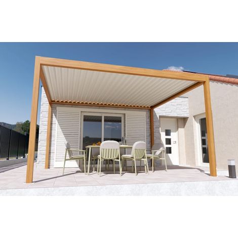 Pergola Bioclimatique Autoportante Motorisée Éclairée Aluminium 4x3,5 Aspect Bois SV ORIAL France (1/5)
