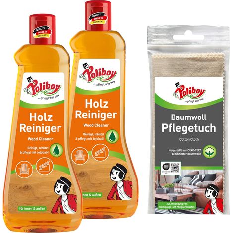 Nettoyant pour bois - Nettoyant concentré pour meubles en bois pour l'intérieur et l'extérieur - 2 x 500 ml - Avec chiffon en coton - Fabriqué en Allemagne (1/5)