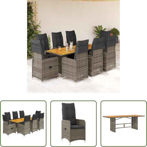 Gartentisch - 9-tlg. Garten-Bistro-Set mit Kissen Grau Poly Rattan (1/5)