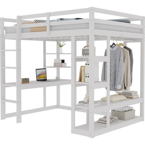 Cama alta 140×200 cm, Cama doble con escritorio, perchero y estantes, sin colchón, de madera, Blanco (1/5)