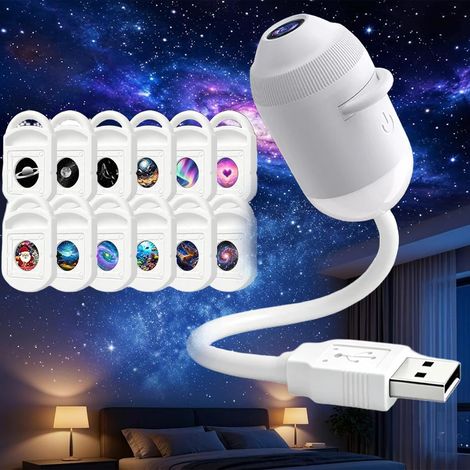 Projecteur veilleuse holographique dynamique 5D HD intelligent, projecteur USB avec 12 films de projection, Plug and Play, réglable à 360°, pour chambre d'enfant ou d'adulte, plafond, mur, blanc : 12 (1/5)