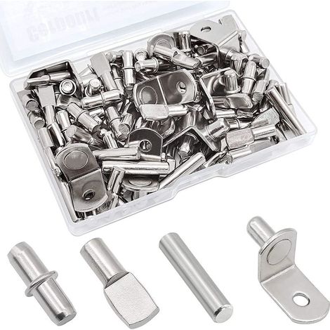 Kit de 104 pièces de 4 styles de broches d'étagère Chevilles de support d'étagère plaquées nickel et broches de support d'étagère, goupilles de cheville et supports d'étagère pour étagères, armoires (1/5)