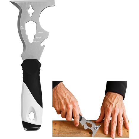 Outil Multifonction Rénovation 14-en-1 en Acier Inoxydable – Grattoir Mur, Clé Multiple, Ouvre-bouteille et Levier, Outil Polyvalent pour Bricolage et Dépannage (1/5)