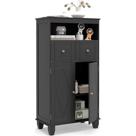 COSTWAY Mobile per Bagno, Armadietto Moderno Salvaspazio con Ante, Ripiani, Cassetti e Piedi in Legno di Pino Massiccio, Mobiletto per Soggiorno, Corridoio e Ingresso, 56 x 30 x 108 cm (Nero) (1/4)