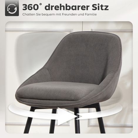 Lot de 2 tabourets de bar gris, assise en velours côtelé, piètement acier, chaises rembourrées pour comptoir de cuisine ou salle à manger (1/4)