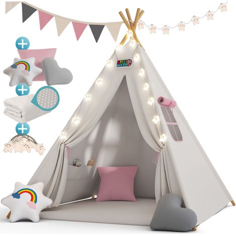 Spielwerk® Children's Teepee Tent Fairy Lights Kid's 2.5cm Floor Play Mat 3 Pillows Cotton Carry Bag Tipi Playhouse Indoor 120x120x160cm Wigwam Candy Pink (1/5)