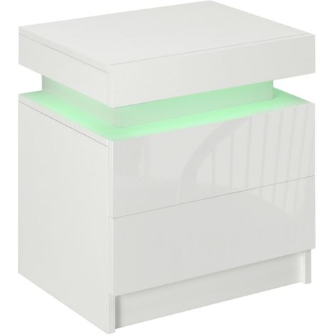 White LED Bedside Table with High Gloss Finish,2 Drawer Nightstand for Bedroom and Living Room Storage Solutions
