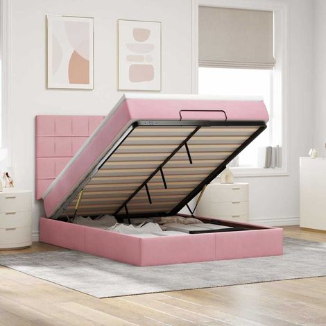 Estructura cama otomana colchones terciopelo rosa 140x200cm (1/5)