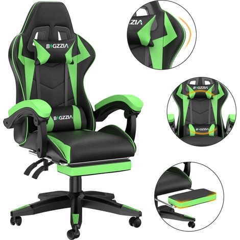 Chaise gaming ergonomique avec coussin lombaire - Dossier réglable 90-155° - Supporte 150kg - Avec repose-pieds télescopique -Appui-tête -Charge 150kg - Cuir PU - Vert (1/5)