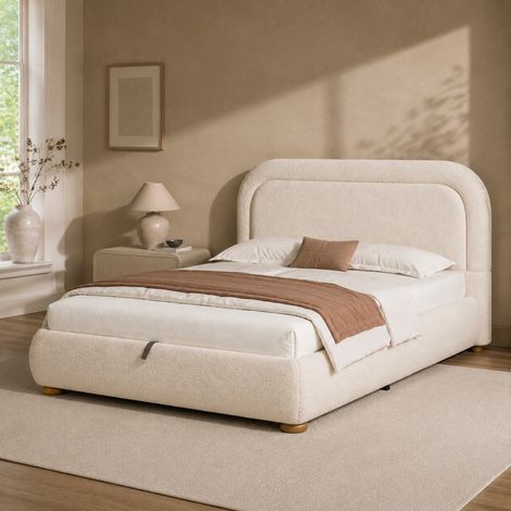 Cama doble 140x200 cm con almacenaje hidráulico, somier, cabecero acolchado, bouclé beige (1/5)