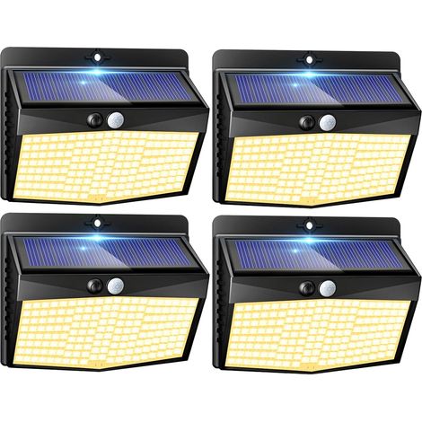Lampe Solaire Exterieur Detecteur de Mouvement Lot de 4, LED Lumiere Extérieur avec Détecteur, 3 Modes/etanche Spot Solaire, Eclairage Extérieure pour Jardin Murale Garage, Blanc Chaud (1/5)