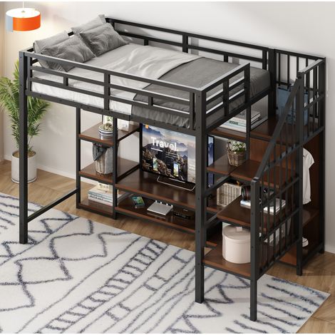 Letto a Soppalco 90x200 cm con Struttura Metallo e MDF Nero (1/5)
