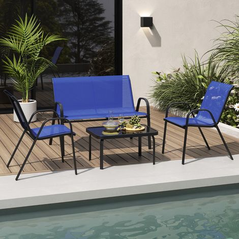 Ensemble Salon de Jardin 4 Pièces 2 Fauteuils 1 Canapé 1 Table Basse en Verre pour Terrasse Piscine Patio Balcon Bleu (1/3)