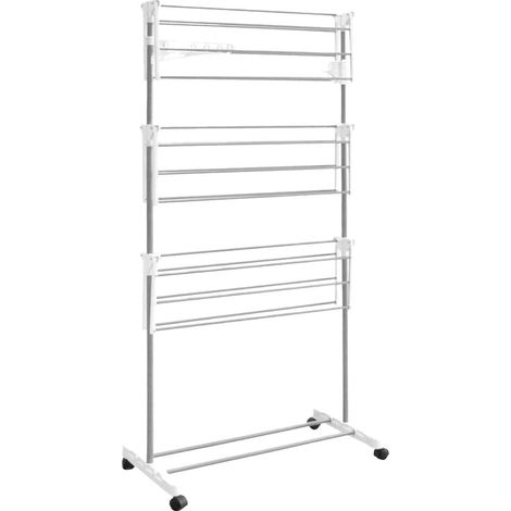 Etendoir Pliable à Roulettes 3 Niveaux Coloris Gris et Blanc - KERAN (1/4)