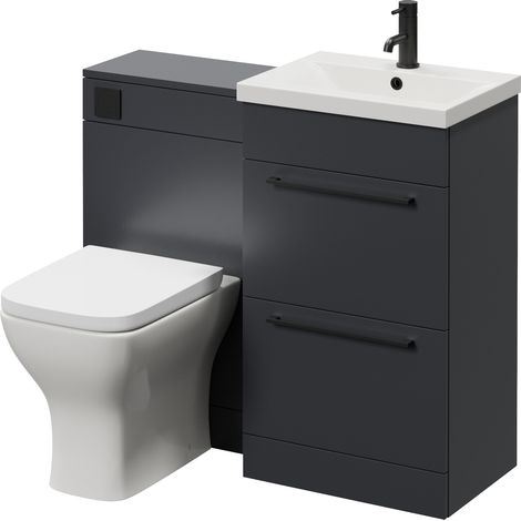 Napoli 390 Gloss Grey 1000mm 2 Drawer Vanity Unit Toilet Suite with Glide Basin - 1000mm - Matt Black 320mm HandleWith Kingston Toilet Pan and Seat