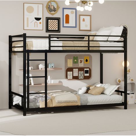 Cama Litera 190x90 Cm Estructura Metálica Negra Y Escalera Integrada (1/5)