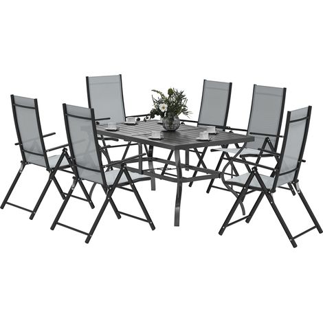 Set Salotto da Giardino 7 Pezzi con Tavolo da Pranzo con Foro per Ombrellone e 6 Sedie Pieghevoli Grigio (1/5)