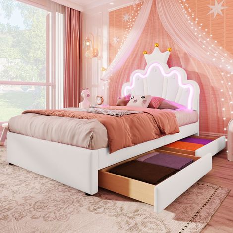 Lit enfant rembourré PU blanc 90x200 cm avec 2 tiroirs, tête de lit réglable et LED intégrée (1/5)